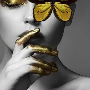 Yellow Butterfly Women Pose Glass Wall Art