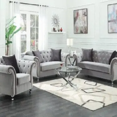 Frostine Button Tufted Silver Sofa Set