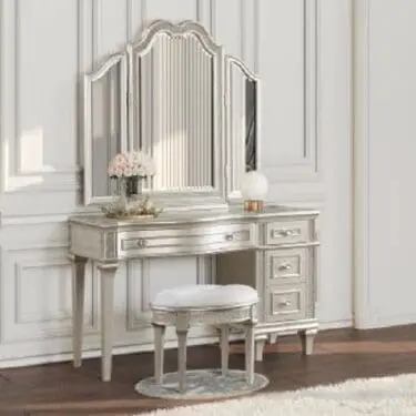 Evangeline  Vanity Table w/Faux Diamond Trim Silver & Ivory