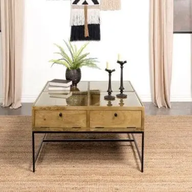 Stephie Glass Top Coffee Table Set Honey Brown