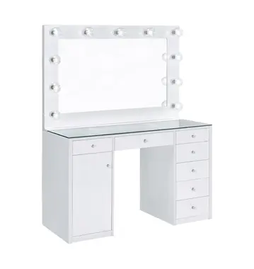 Acena 7-Drawer Glass Top Vanity Desk With Lighting White - Image 2