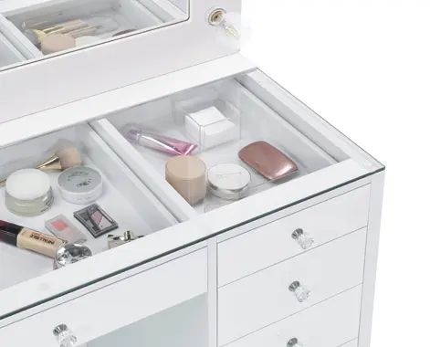 Acena 7-Drawer Glass Top Vanity Desk With Lighting White - Image 4