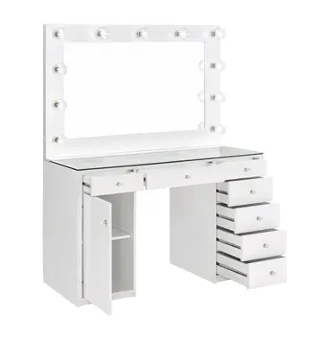 Acena 7-Drawer Glass Top Vanity Desk With Lighting White - Image 3