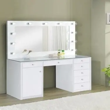Acena 7-Drawer Glass Top Vanity Desk With Lighting White