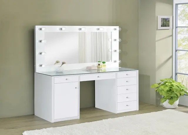 Acena 7-Drawer Glass Top Vanity Desk With Lighting White